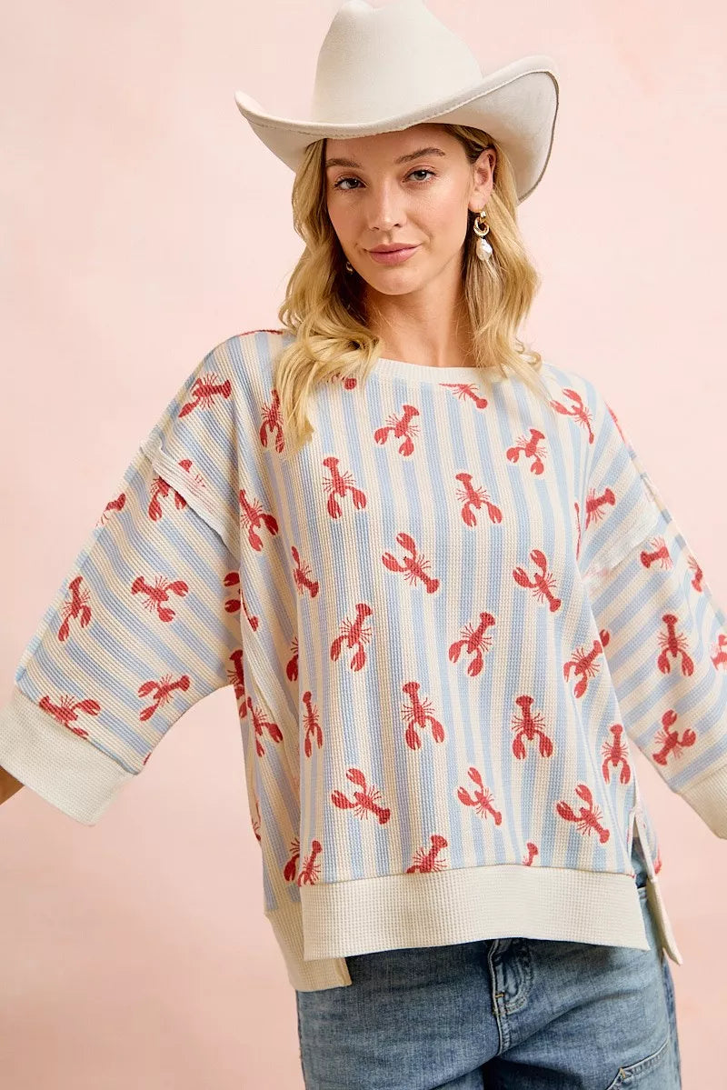BiBi 4th Of July Lobsters Stripe Waffle Knit Sleeve Top - Glamourous Grace