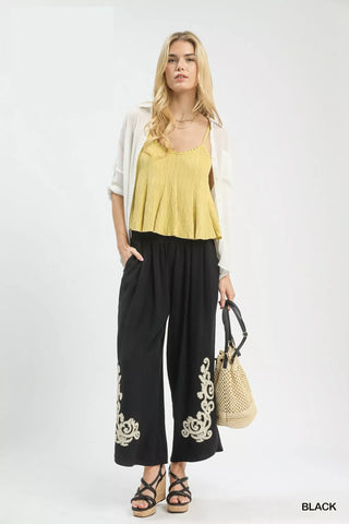 Umgee Linen Embroidered Wide-Leg Boho Pants - Glamourous Grace