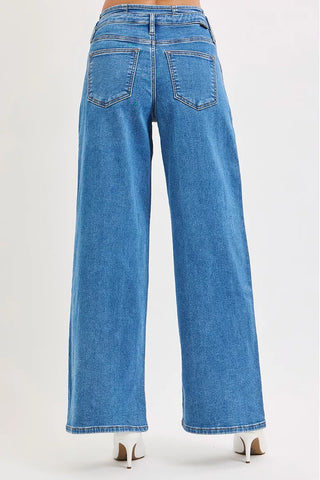 RISEN Mid Rise Fit Wide Leg Pleated Jeans