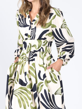 Elastic Waist Long Sleeve Printed Dress