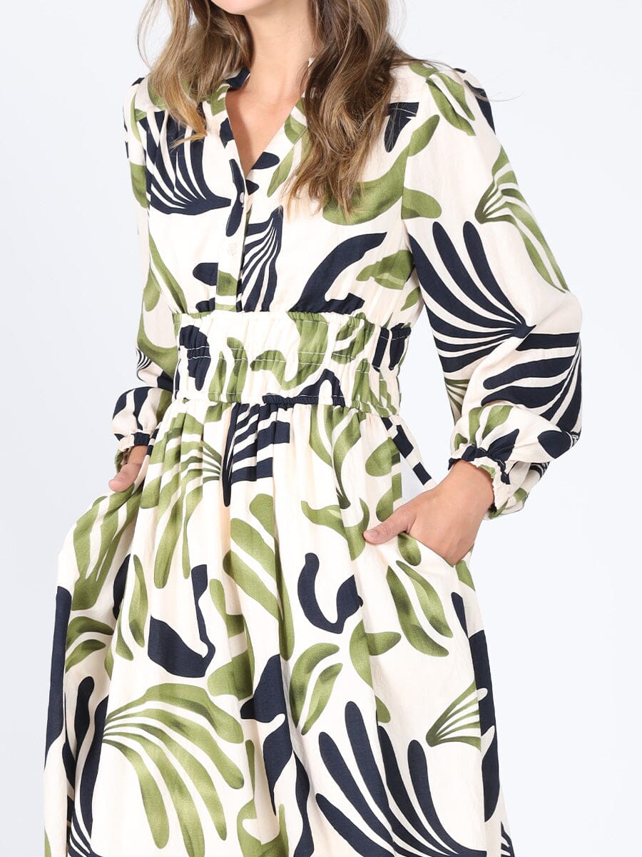 Elastic Waist Long Sleeve Printed Dress - Glamourous Grace