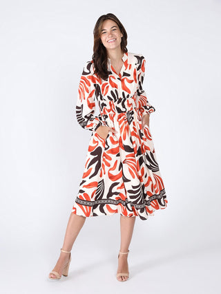 Elastic Waist Long Sleeve Printed Dress