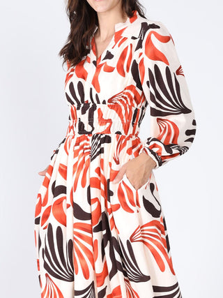 Elastic Waist Long Sleeve Printed Dress
