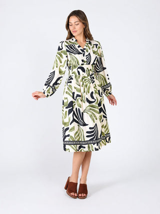 Elastic Waist Long Sleeve Printed Dress