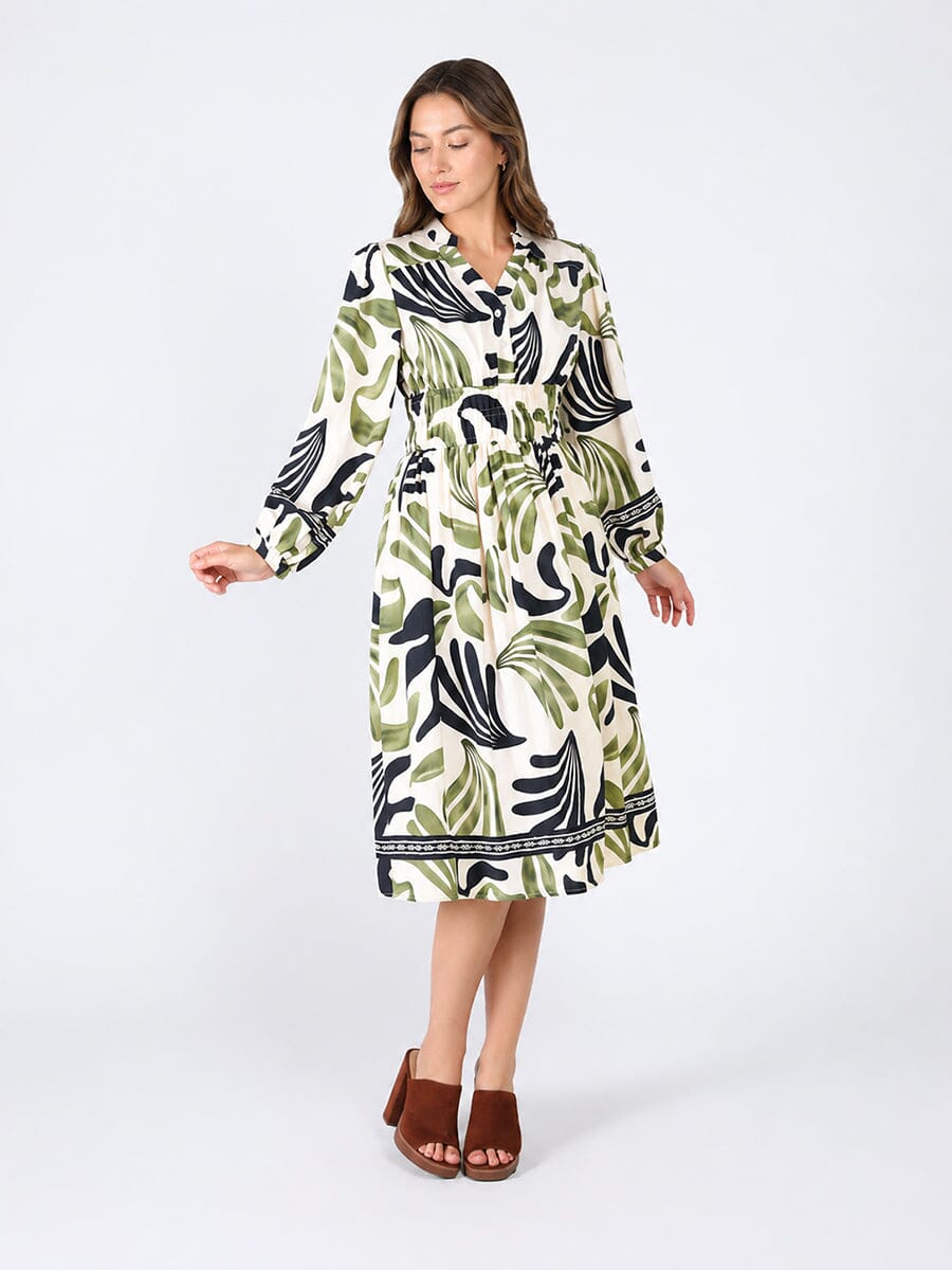 Elastic Waist Long Sleeve Printed Dress - Glamourous Grace