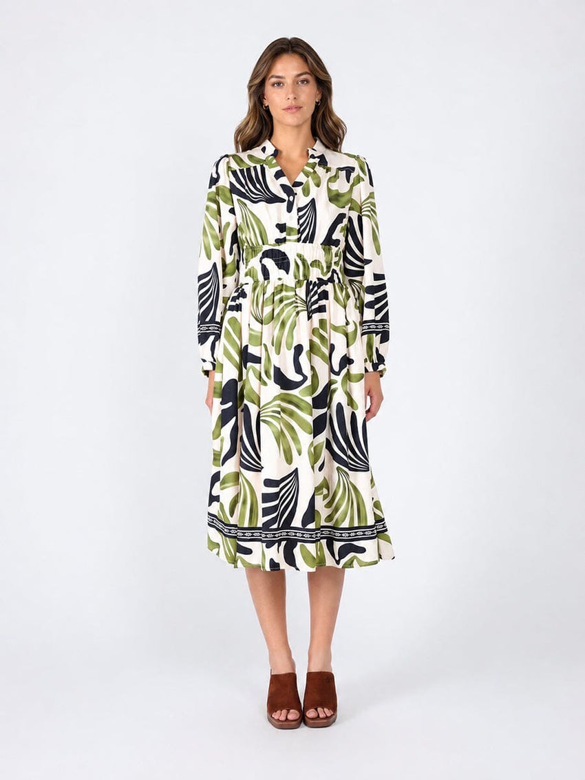 Elastic Waist Long Sleeve Printed Dress