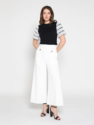 Embellished Pockets High Waist Wide Leg Pants