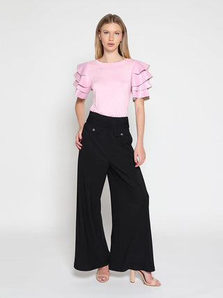 Embellished Pockets High Waist Wide Leg Pants
