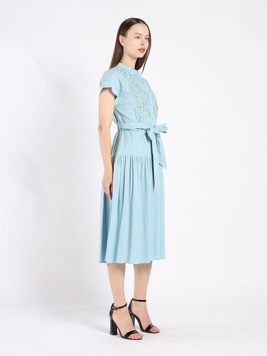 Embroidered Midi Dress with Cap Sleeves and Waist - Glamourous Grace