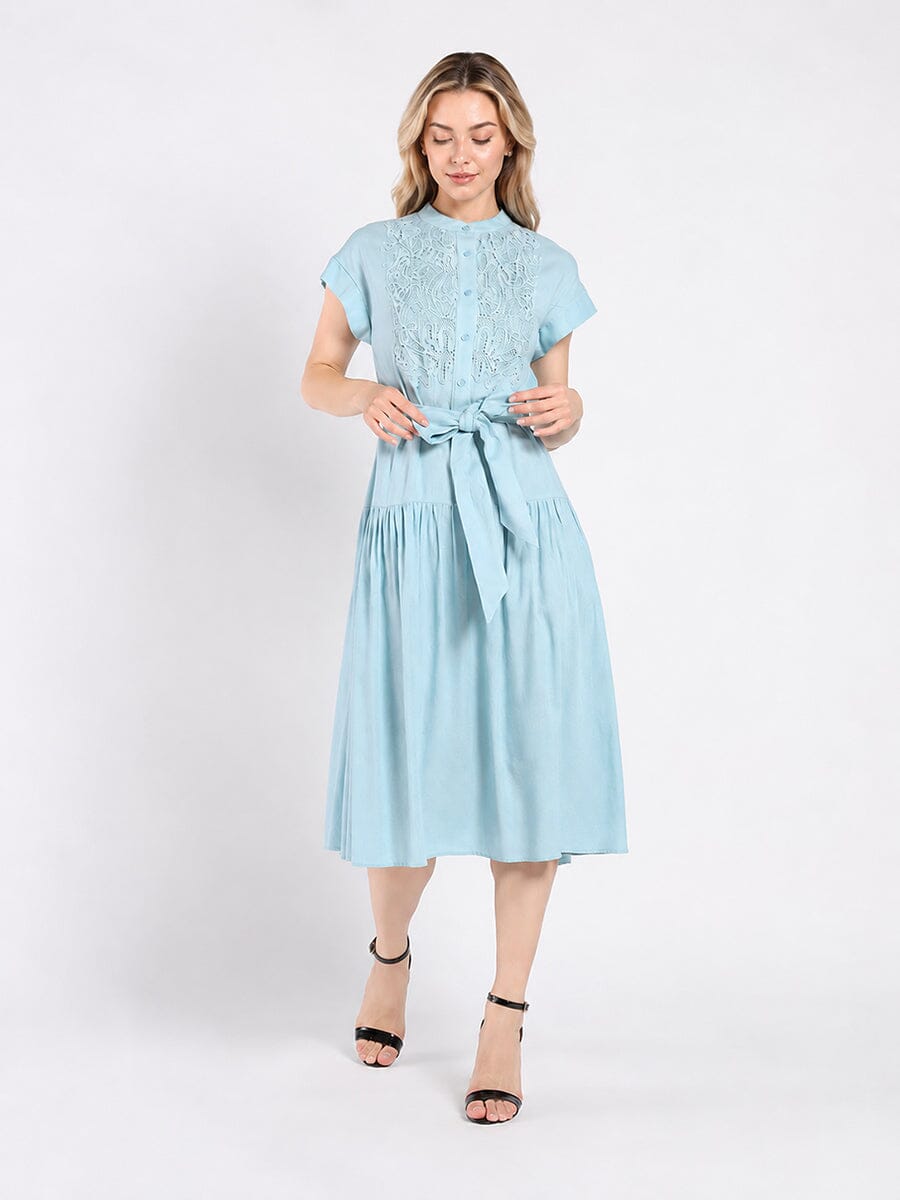 Embroidered Midi Dress with Cap Sleeves and Waist - Glamourous Grace