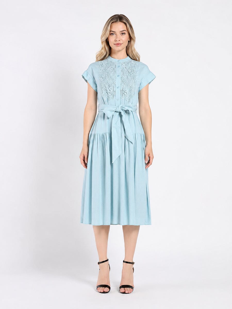 Embroidered Midi Dress with Cap Sleeves and Waist - Glamourous Grace