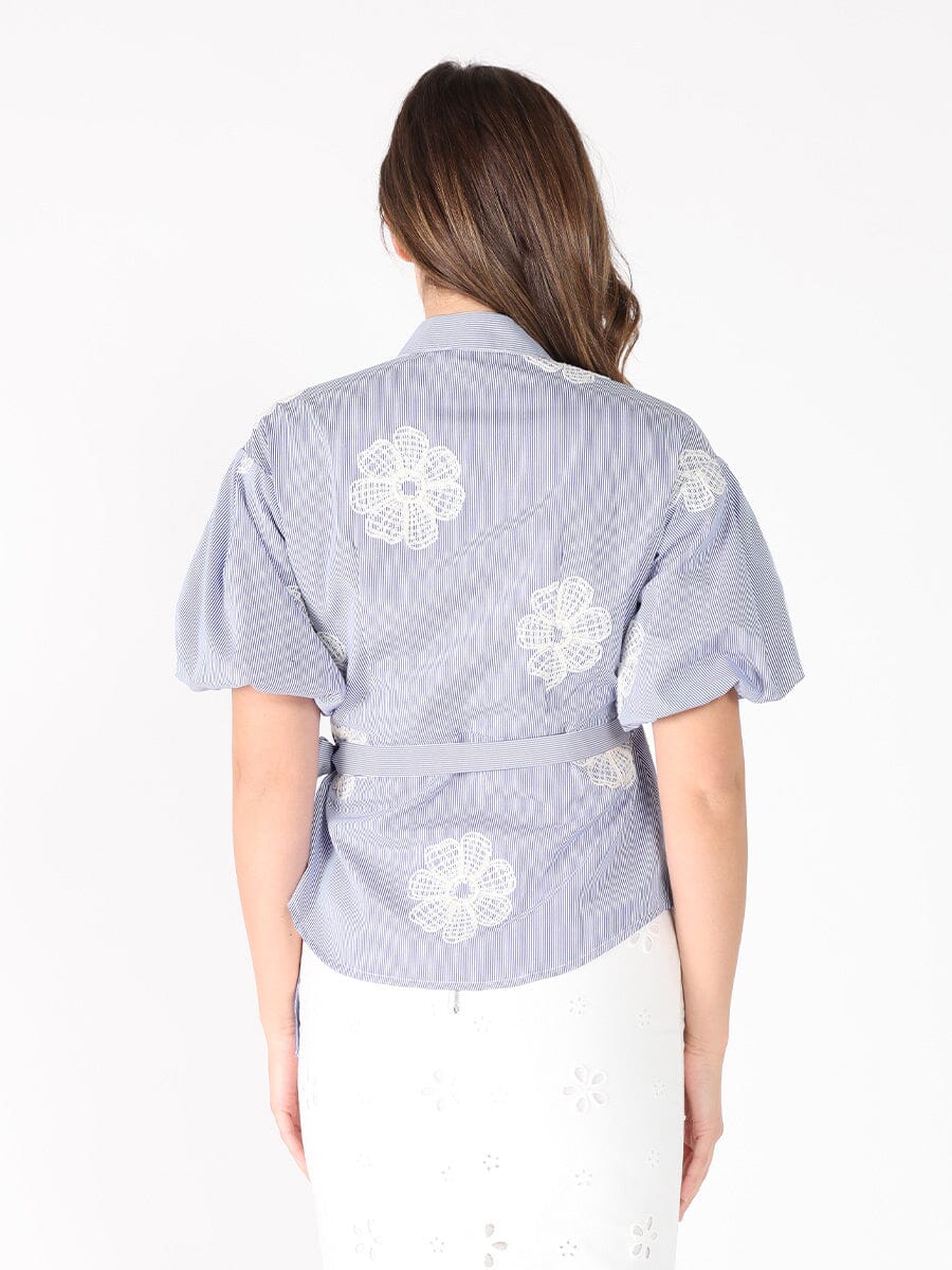 Embroidered Stripe Wrap Style Puff Sleeve Top - Glamourous Grace