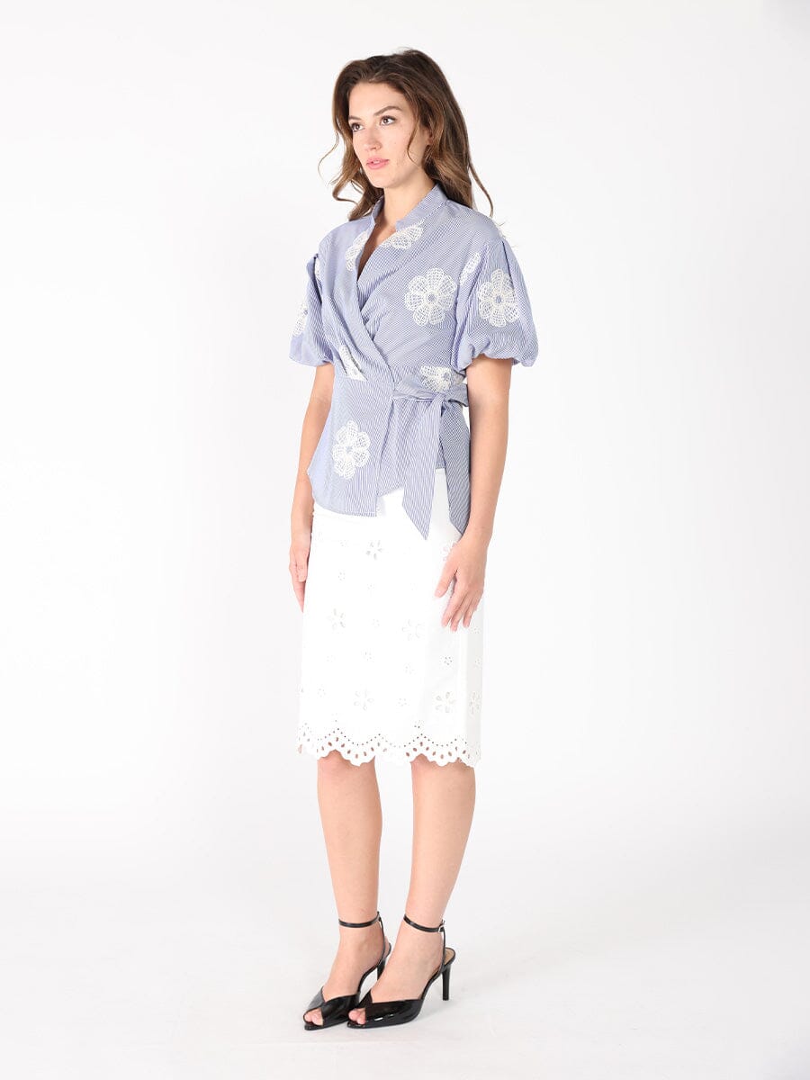 Embroidered Stripe Wrap Style Puff Sleeve Top - Glamourous Grace