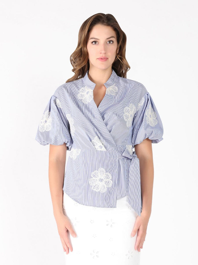 Embroidered Stripe Wrap Style Puff Sleeve Top - Glamourous Grace