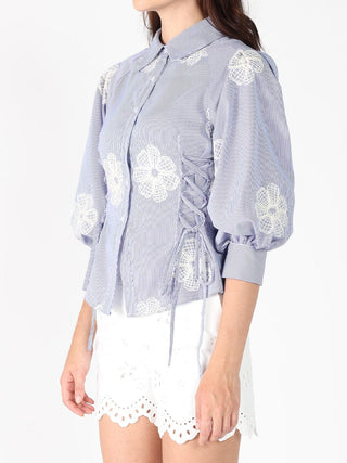 Embroidered Stripped Side Tie Long Sleeve Top