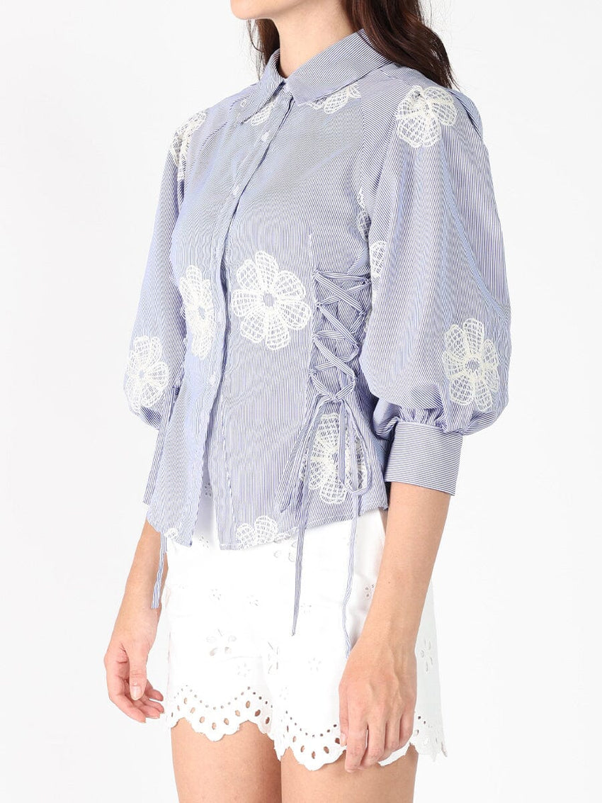 Embroidered Stripped Side Tie Long Sleeve Top