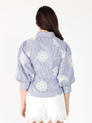 Embroidered Stripped Side Tie Long Sleeve Top