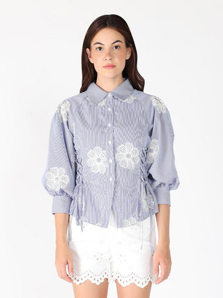 Embroidered Stripped Side Tie Long Sleeve Top