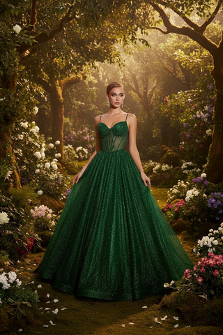 Ladivine CD832 Long Sheer Boned Bodice Glitter Flock Ball Gown - Glamourous Grace
