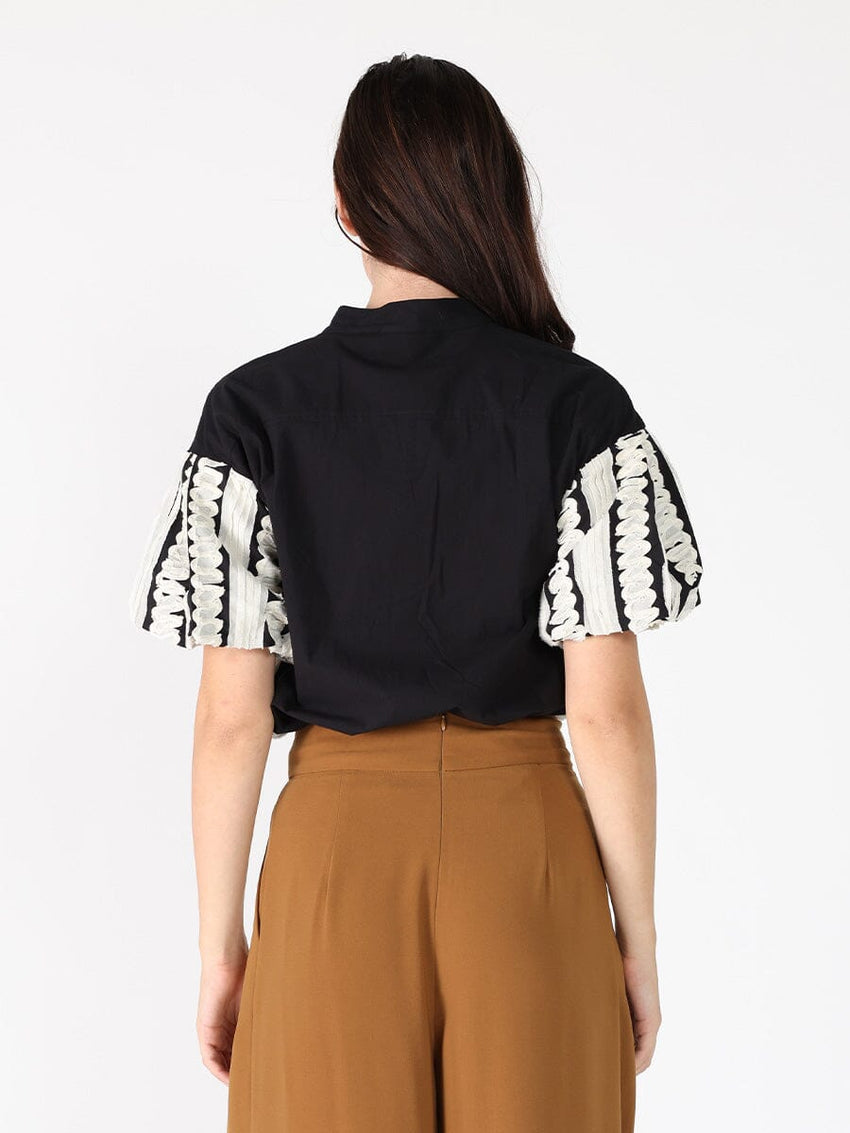 Emroidered Band V-Neck Puffed Sleeve Top