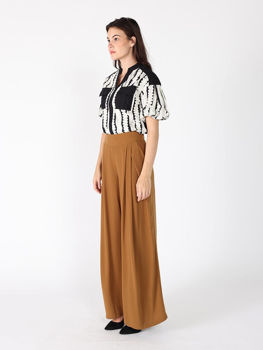 Emroidered Band V-Neck Puffed Sleeve Top - Glamourous Grace