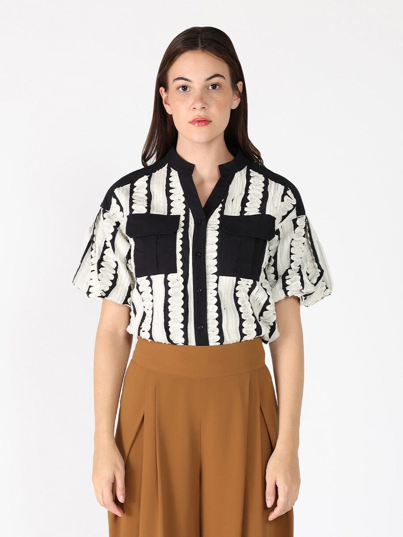 Emroidered Band V-Neck Puffed Sleeve Top - Glamourous Grace