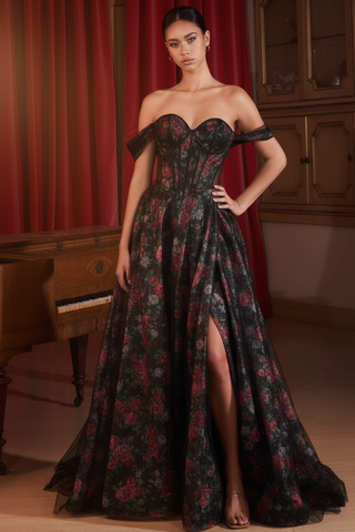 Enhanced Cinematic Black Floral Gown