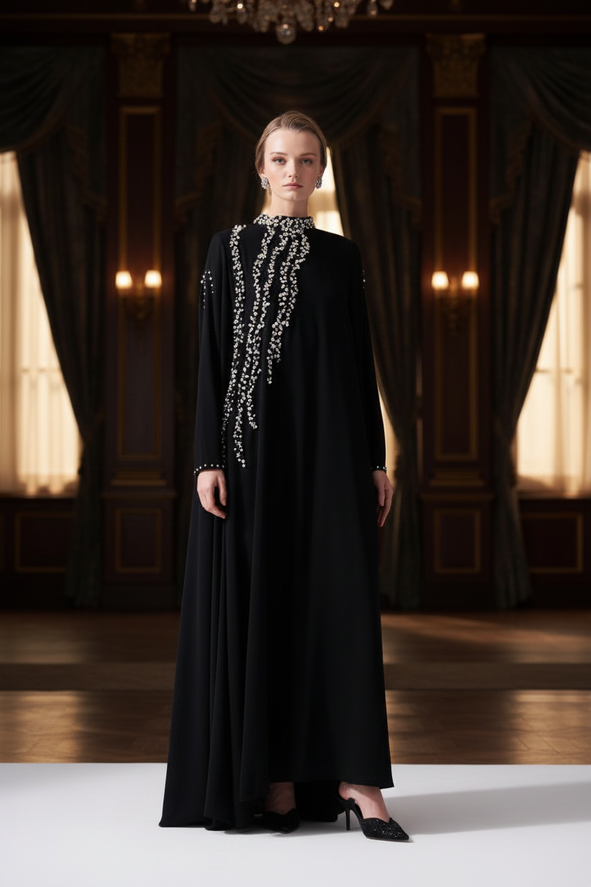 Etru Black Crystal Kaftan Abaya Cinematic