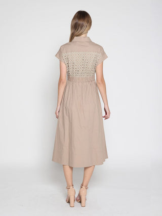 Eyelet And Solid Fabric Belt Dress