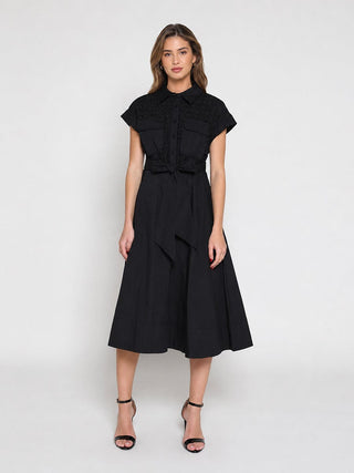 Eyelet And Solid Fabric Belt Dress