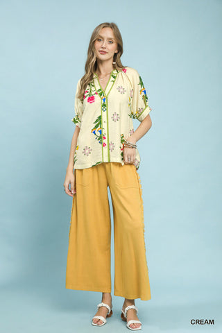 Umgee Botanical Print Contrast Trim Button Blouse - Glamourous Grace