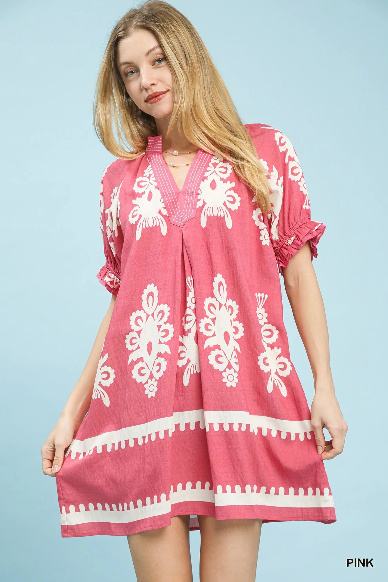 Umgee Two Tone Border Print Mini Dress in Pink - Glamourous Grace