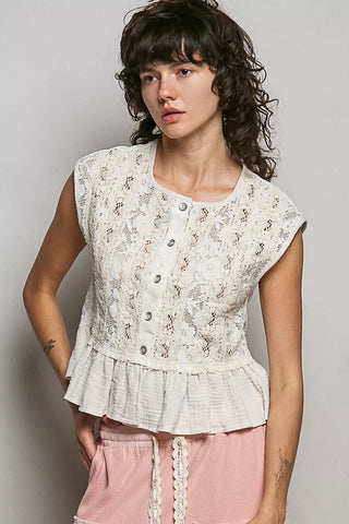 POL Round Neck Lace Sleeveless Top with Double Gauze Ruffle - Glamourous Grace