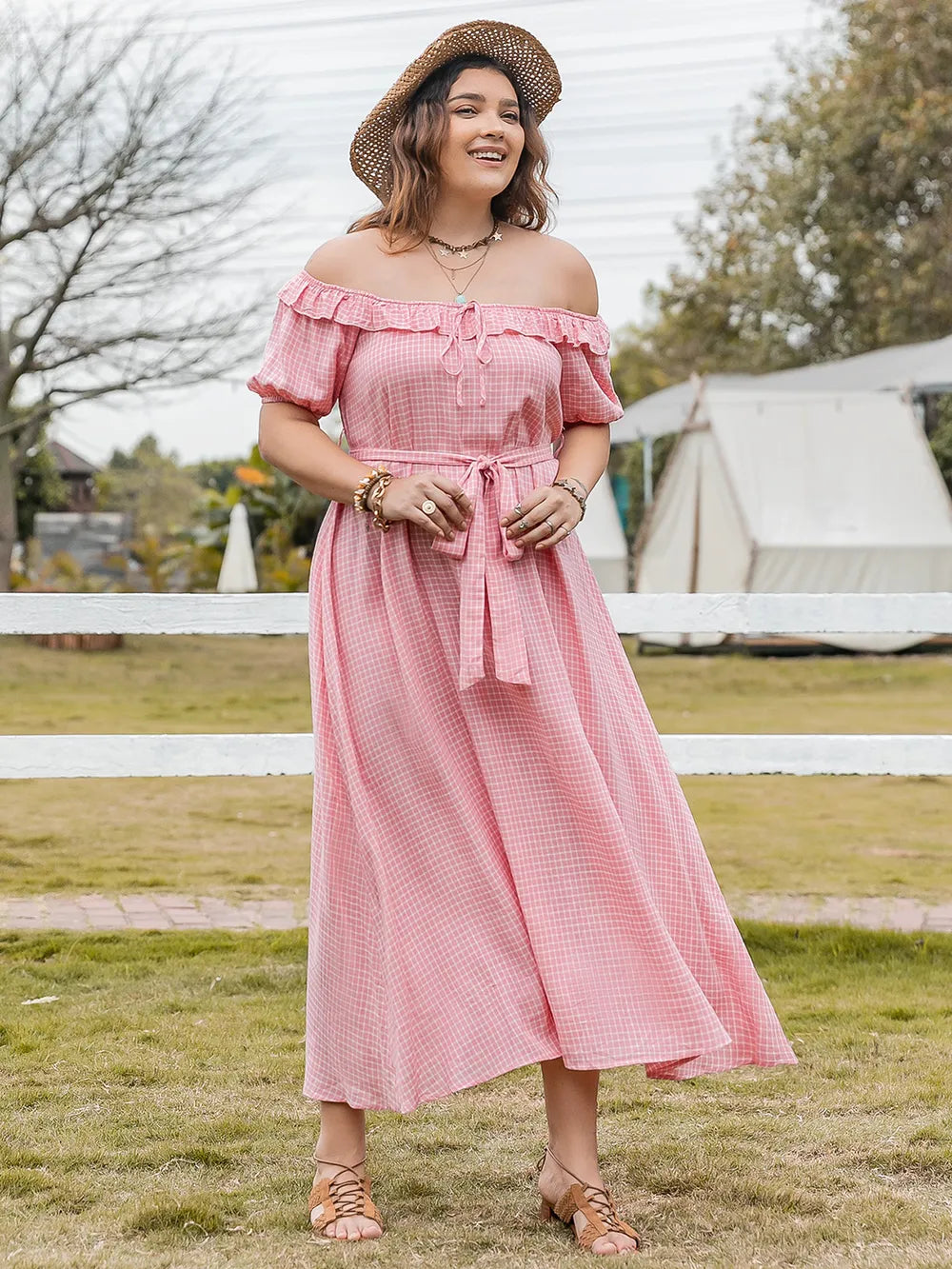 Plus Size Plaid Off-Shoulder Short Sleeve Midi Dress - Glamourous Grace