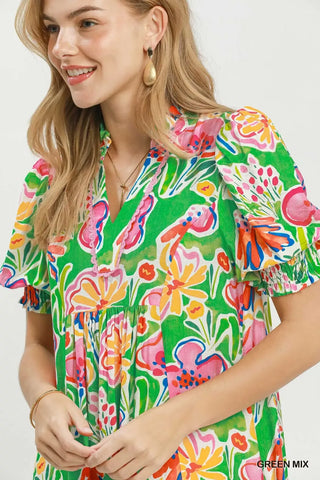 Umgee Floral Print Puff Sleeve Tiered Midi Dress - Glamourous Grace
