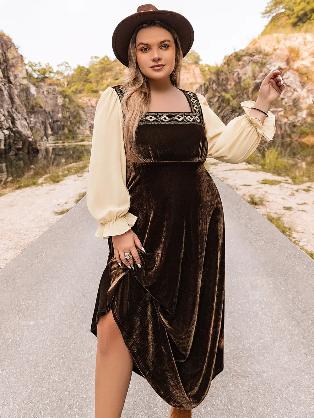Plus Size Embroidered Square Neck Dress - Glamourous Grace