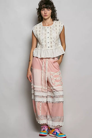 POL Round Neck Lace Sleeveless Top with Double Gauze Ruffle - Glamourous Grace