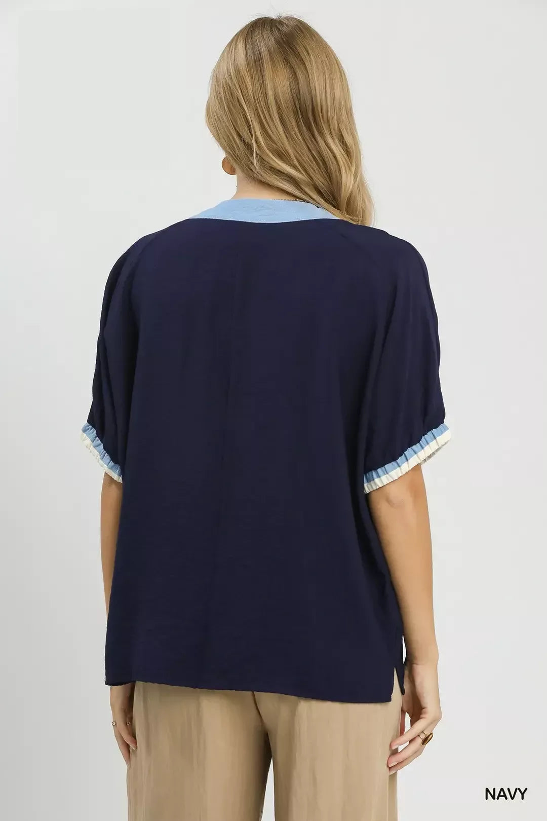 Umgee Embroidered Floral V-Neck Short Sleeve Blouse with Contrast Trim - Glamourous Grace