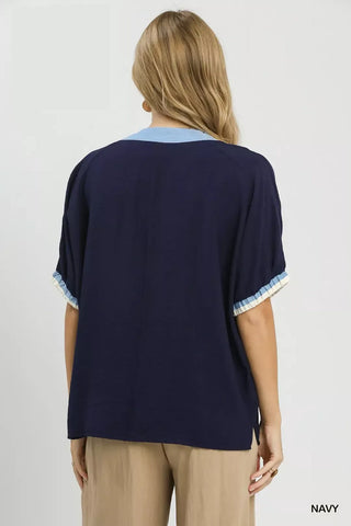 Umgee Embroidered Floral V-Neck Short Sleeve Blouse with Contrast Trim - Glamourous Grace