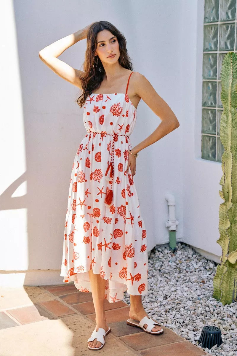 SO ME Shell Print Tiered Lined Midi Cami Dress With Belt - Glamourous Grace