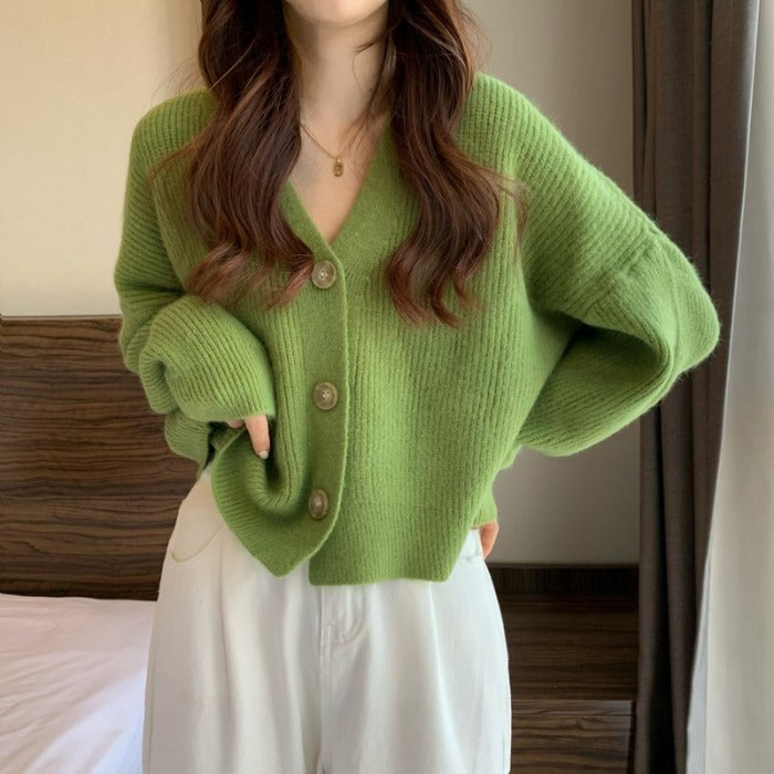 Women's V-Neck Long Sleeve Solid Color Cardigan Sweater