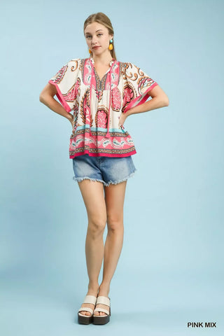 Umgee Mix Paisley Border Print Tassel Top - Glamourous Grace