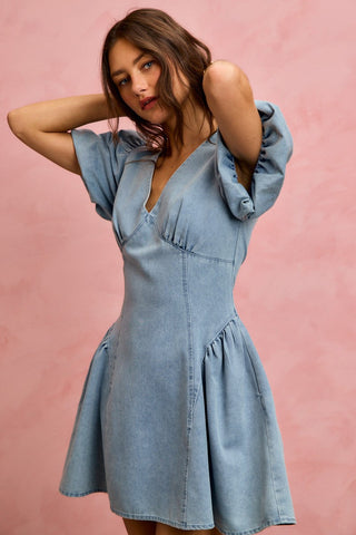 SO ME Bubble Sleeves Denim Fit And Flare Mini Dress - Glamourous Grace