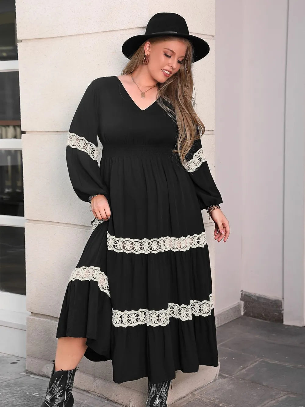 Plus Size Lace Detail V-Neck Long Sleeve Midi Dress - Glamourous Grace