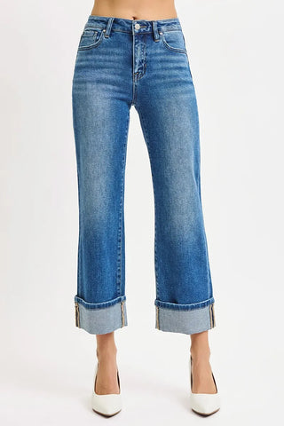 RISEN  Mid Rise Crop Straight Cuffed Jeans
