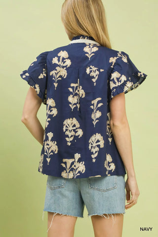 Umgee Floral Ruffle Sleeve Split-Neck Top - Glamourous Grace