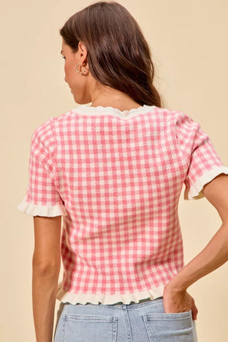 SO ME Gingham Knit Ruffled Short Sleeves Sweater Top - Glamourous Grace
