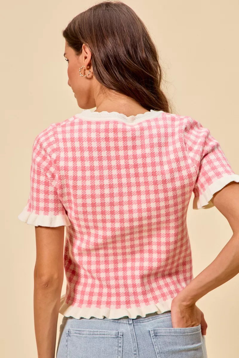 SO ME Gingham Knit Ruffled Short Sleeves Sweater Top - Glamourous Grace