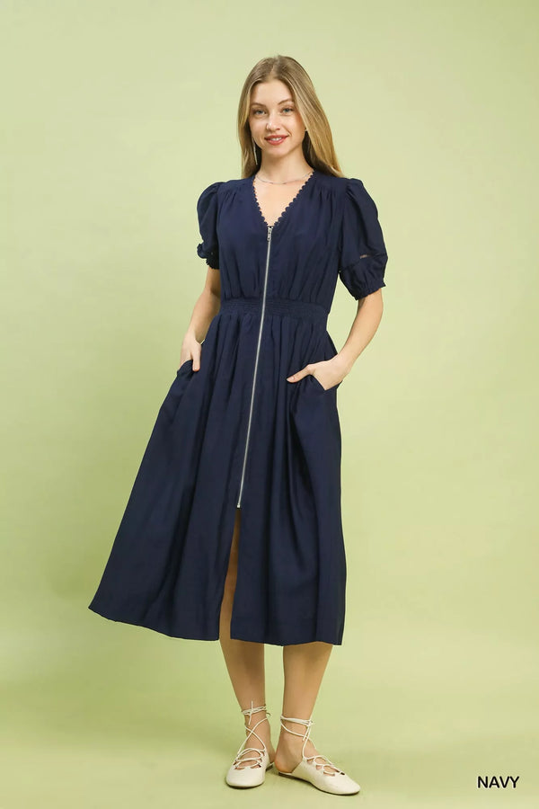 Umgee Zip-Front Smocked Waist Midi Dress - Glamourous Grace