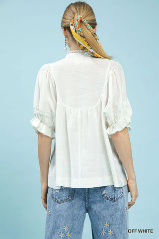 Umgee Smocked Yoke Blouse with Ruffle Sleeves in Off White - Glamourous Grace